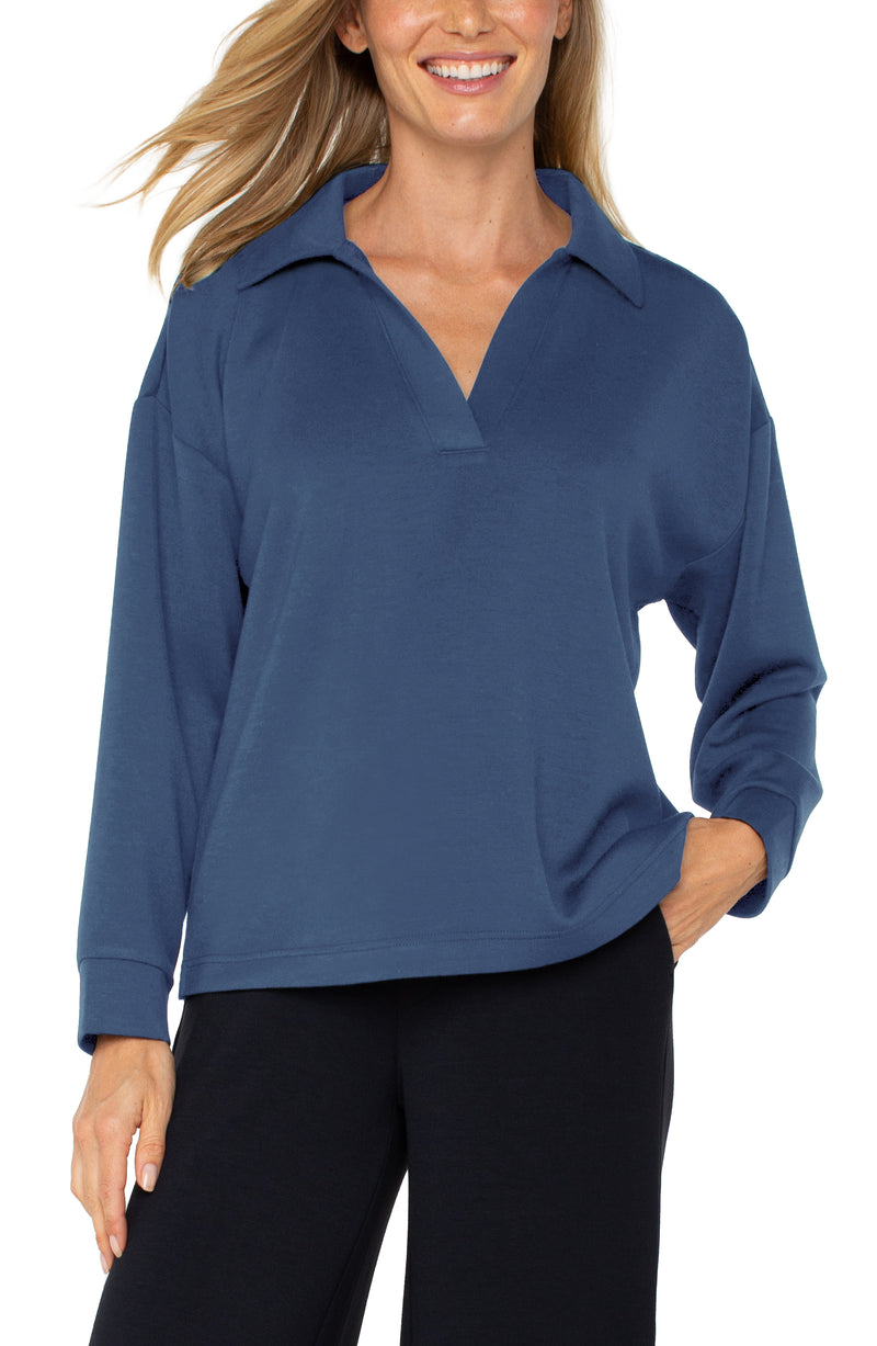 Long Sleeve V-neck with Popover Collar | Prussian Blue