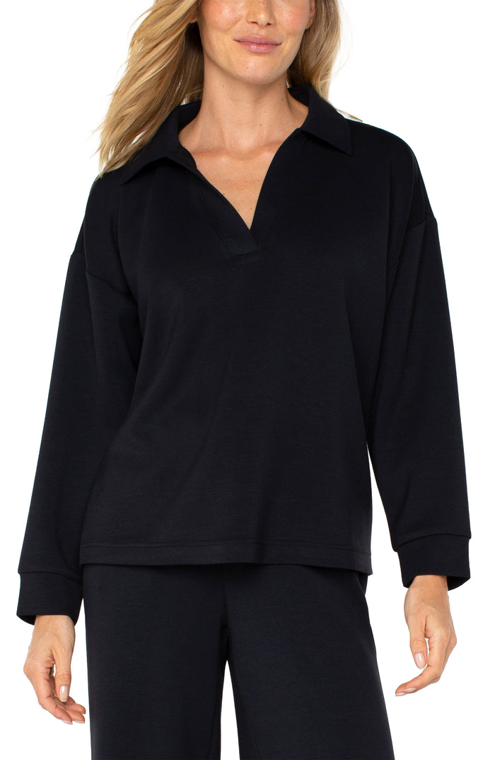 Long Sleeve V-neck with Popover Collar | Prussian Blue, Black