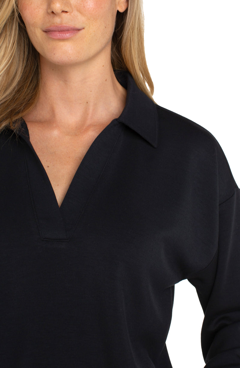 Long Sleeve V-neck with Popover Collar | Prussian Blue, Black