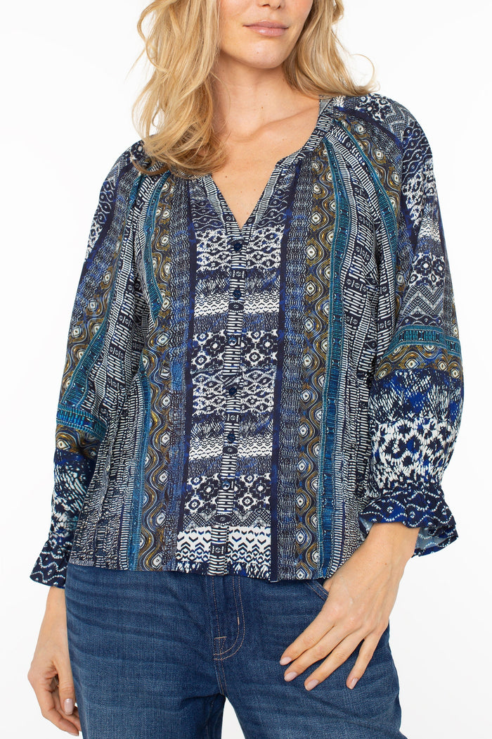 3/4 Sleeve Button Front Top | Blue Shibori