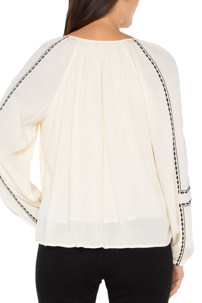Long Sleeve Woven Raglan Top | Alabaster w/ Black Embroidery