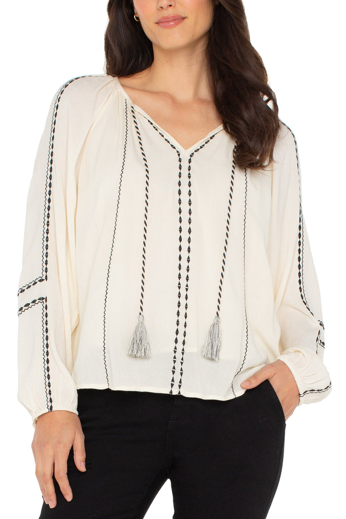 Long Sleeve Woven Raglan Top | Alabaster w/ Black Embroidery