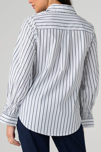 Adjustable Sleeve Woven Top w/ Button Front | White Club Navy