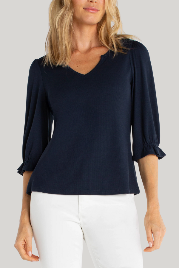 Elbow Sleeve Notch Knit Tee | Dark Navy