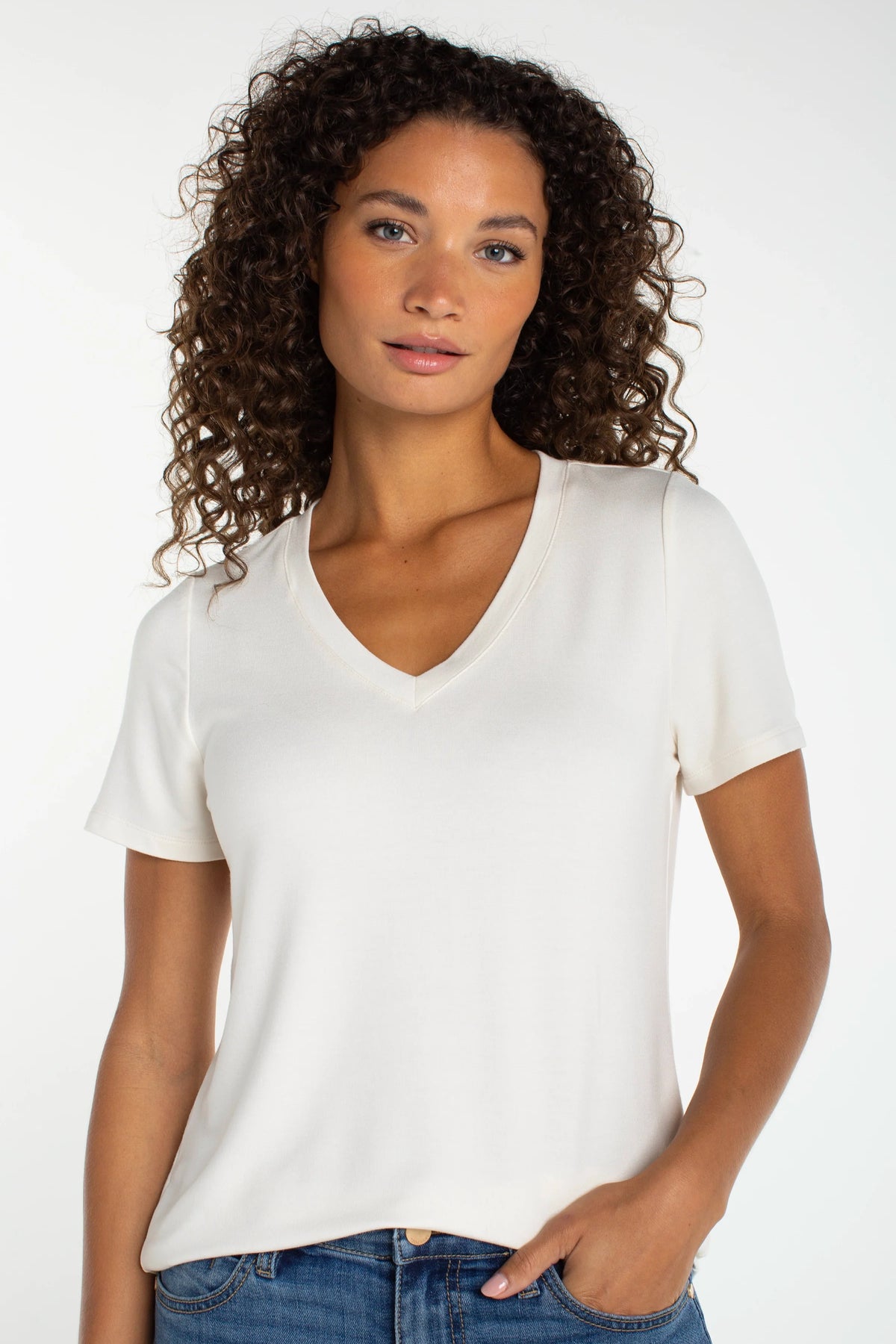 Short Sleeve V-Neck Knit Tee | French Cream