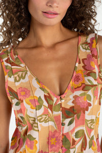Sleeveless V-Neck Woven Top w/ Pintucks | Tan Floral Multi