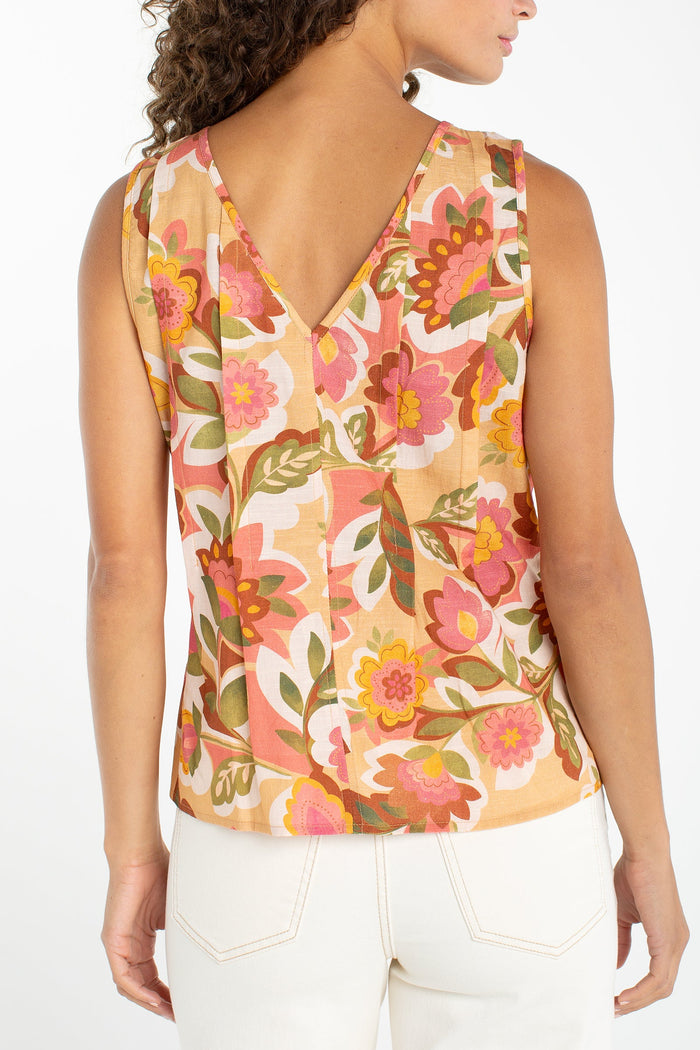 Sleeveless V-Neck Woven Top w/ Pintucks | Tan Floral Multi