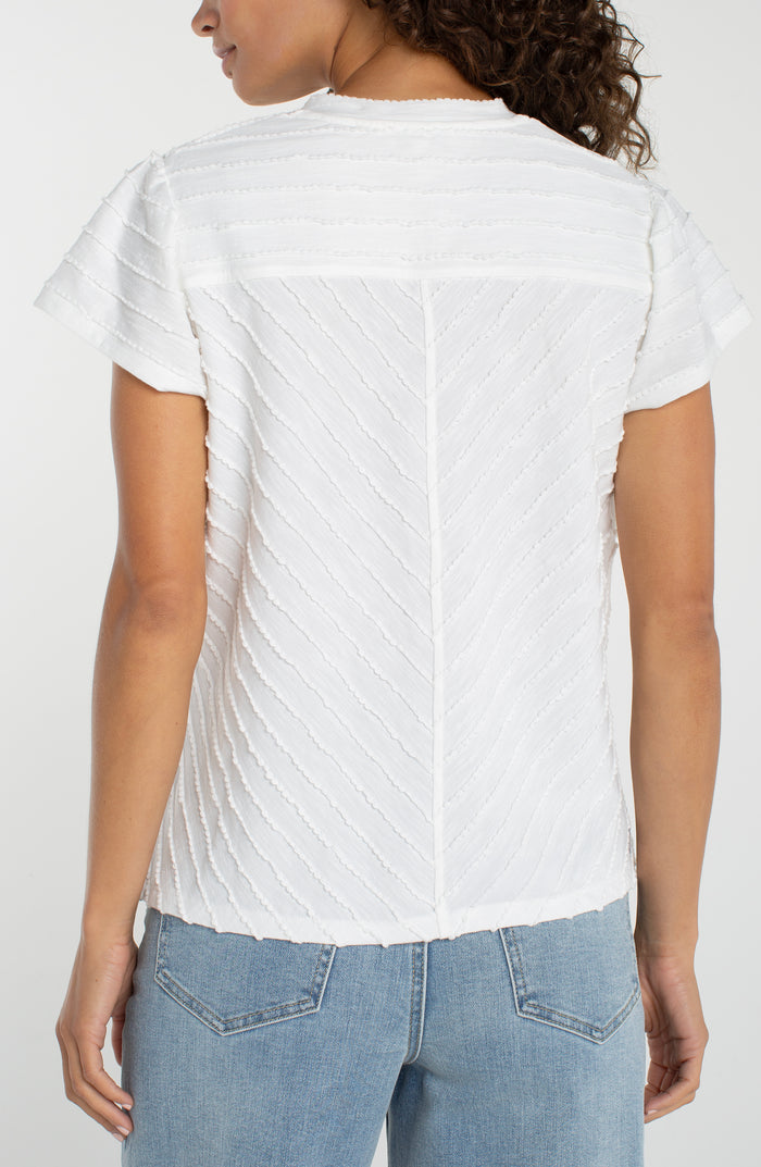 Short Sleeve V-Neck Knit Top with Miter Detail | White