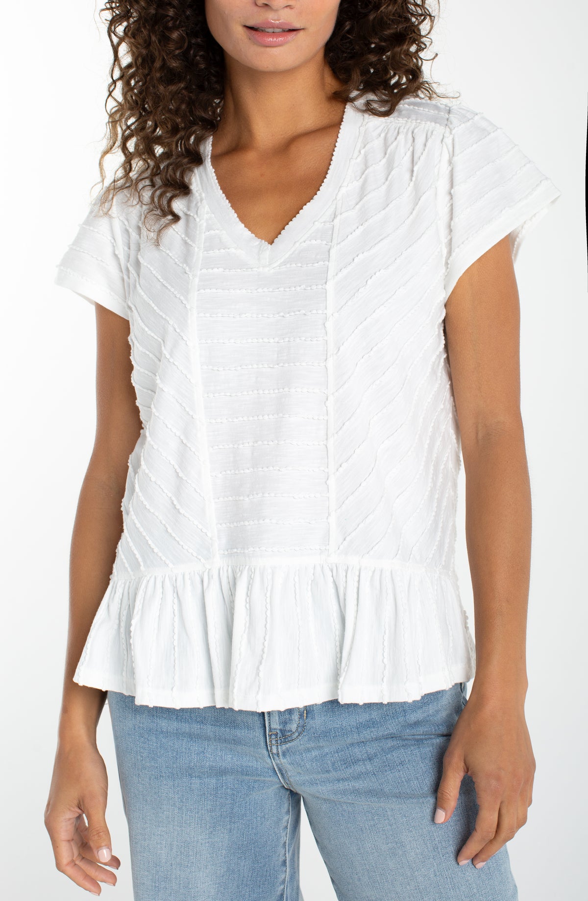 Short Sleeve V-Neck Knit Top with Miter Detail | White