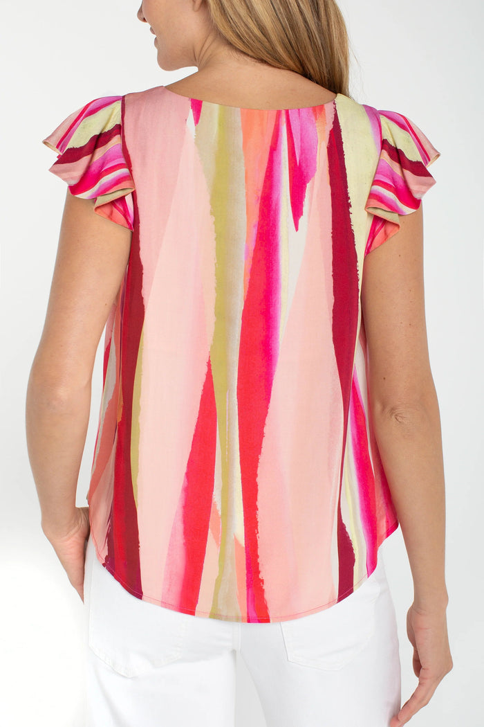 Flutter Sleeve Scoop Neck Woven Top | Pink Multi