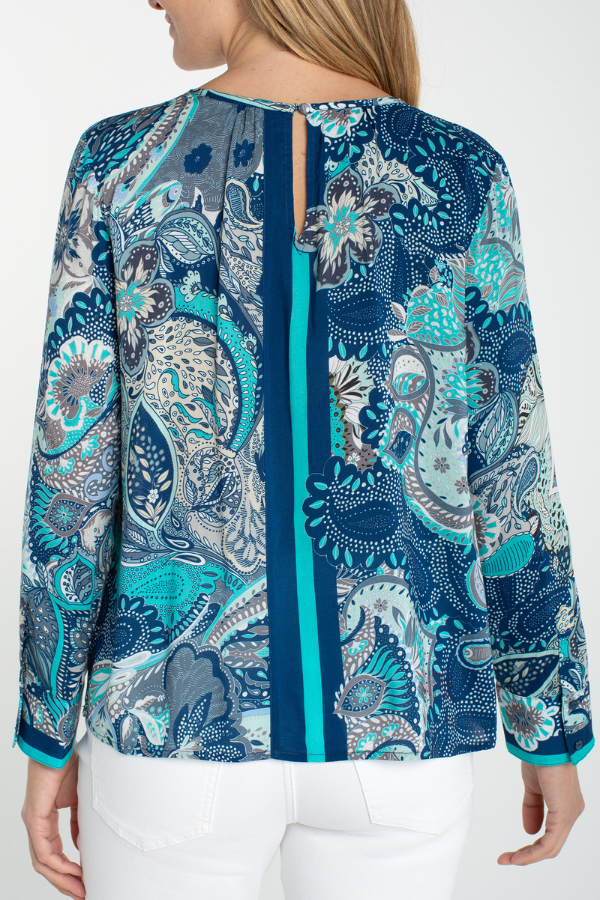 Long-Sleeve Woven Top with Keyhole Neckline | Aqua/Blue Multi