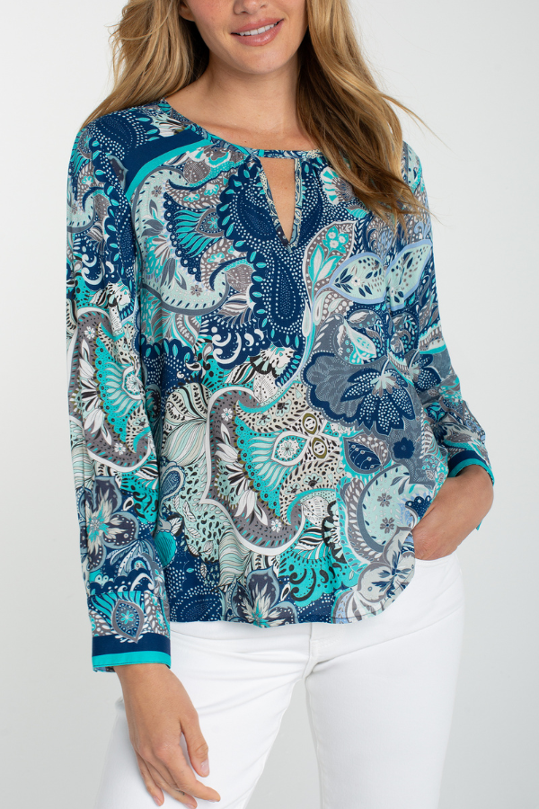 Long-Sleeve Woven Top with Keyhole Neckline | Aqua/Blue Multi