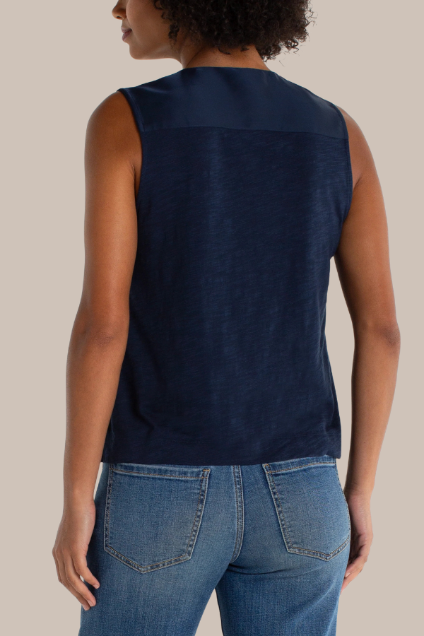 Sleeveless V-Neck Woven Knit Top | Black, Navy, Whipped Cream