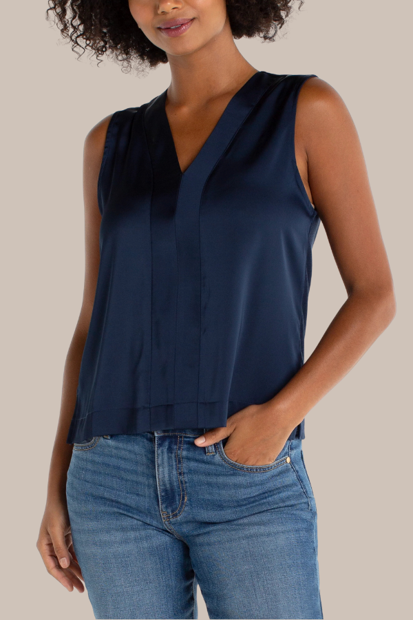Sleeveless V-Neck Woven Knit Top | Black, Navy, Whipped Cream
