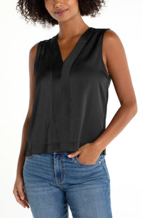 Sleeveless V-Neck Woven Knit Top | Black, Navy, Whipped Cream