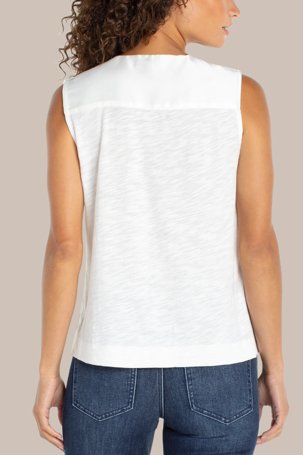 Sleeveless V-Neck Woven Knit Top | Black, Navy, Whipped Cream