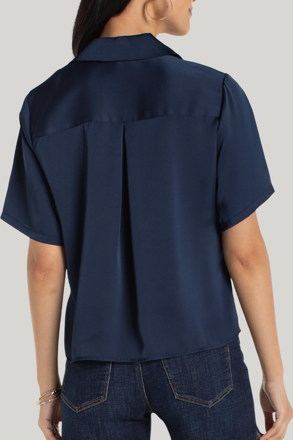 Short Sleeve Camp Collar Woven Blouse | Dark Navy, Whipped Cream
