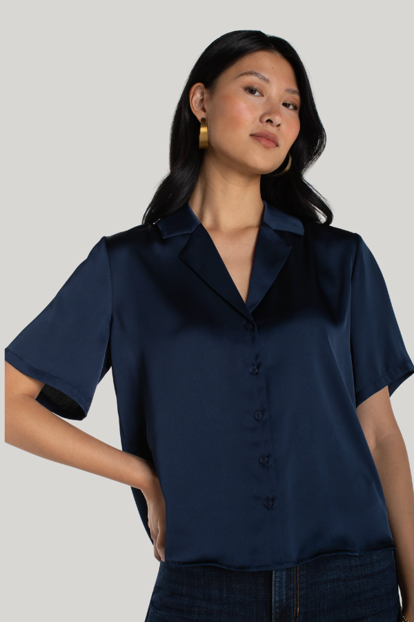 Short Sleeve Camp Collar Woven Blouse | Dark Navy, Whipped Cream