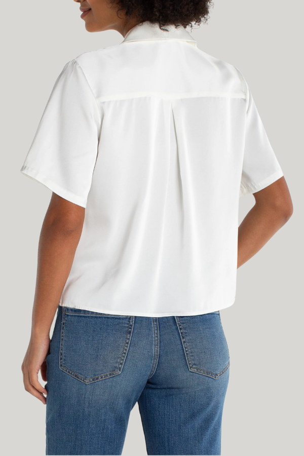 Short Sleeve Camp Collar Woven Blouse | Dark Navy, Whipped Cream