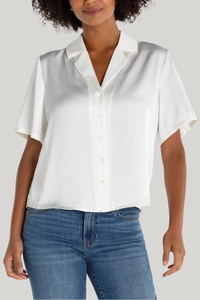 Short Sleeve Camp Collar Woven Blouse | Dark Navy, Whipped Cream