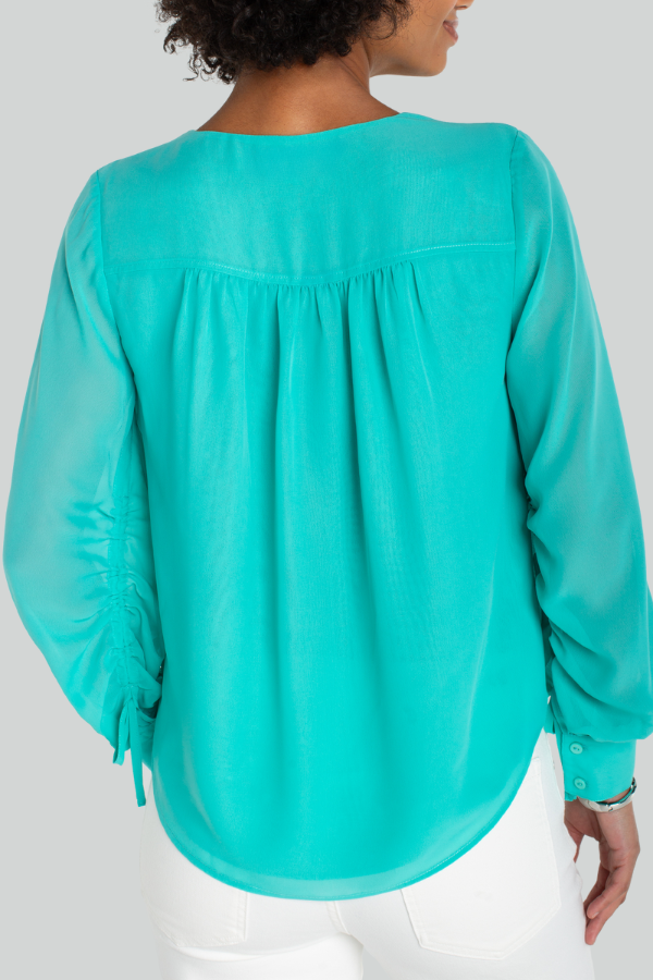 Long-Sleeve Woven Blouse with Sleeve Tie Detail | Waterfall Teal