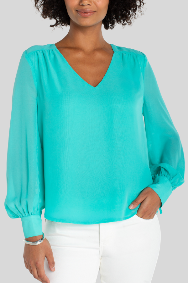 Long-Sleeve Woven Blouse with Sleeve Tie Detail | Waterfall Teal