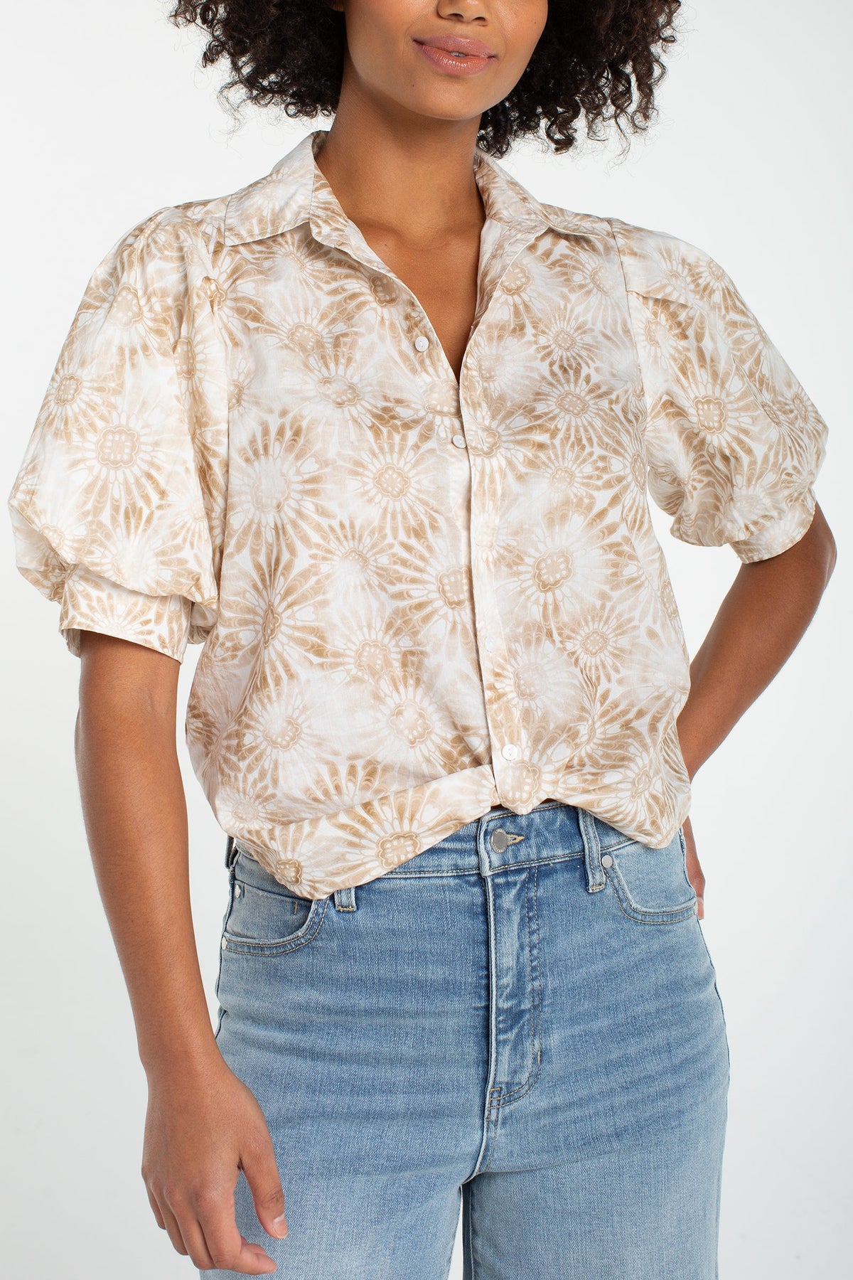 Puff Sleeve Button Front Woven Top with Twist | Tan White Floral