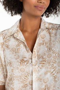 Puff Sleeve Button Front Woven Top with Twist | Tan White Floral