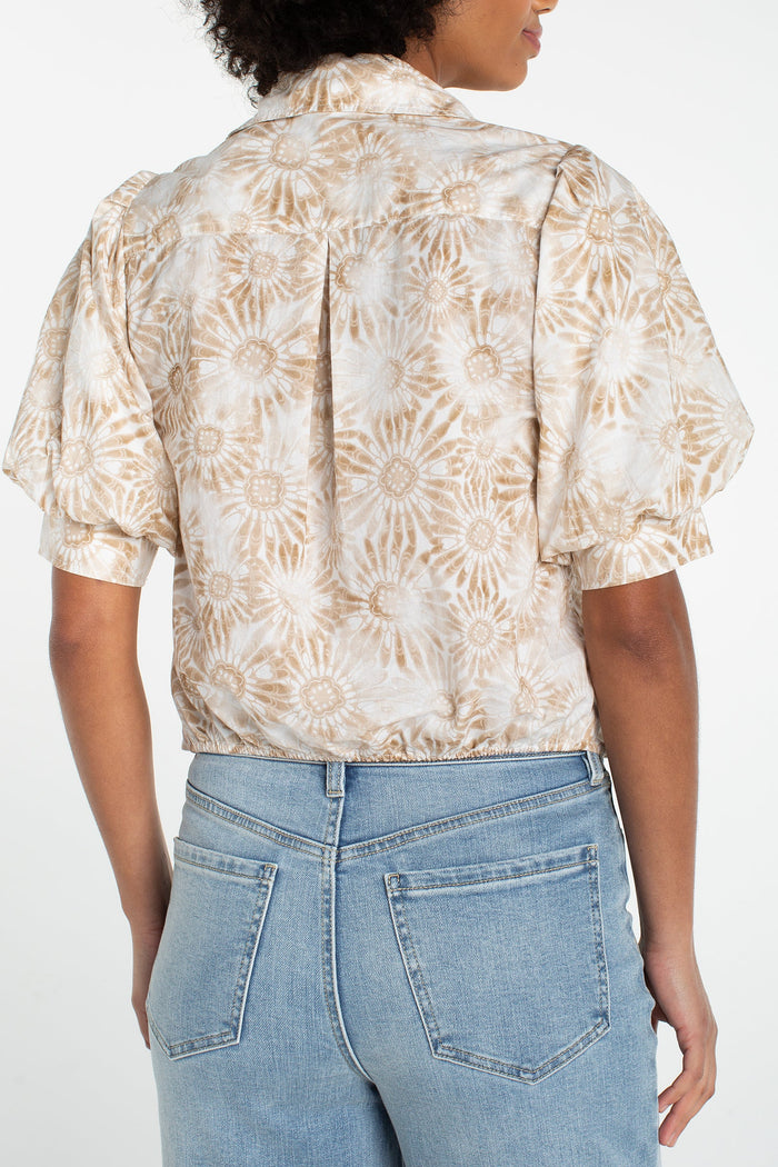 Puff Sleeve Button Front Woven Top with Twist | Tan White Floral