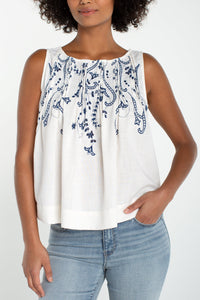 Sleeveless Boat Neck Woven Top with Pin Tucks | Cream