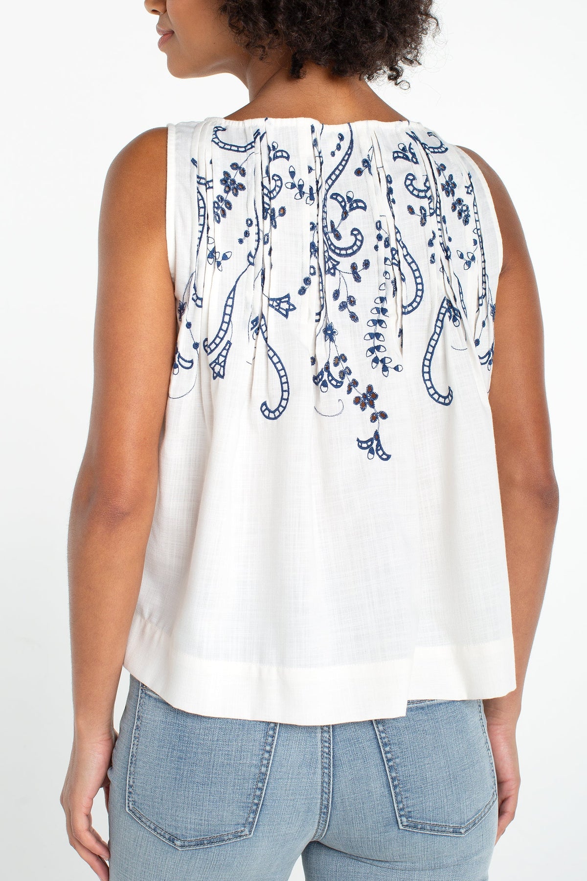 Sleeveless Boat Neck Woven Top with Pin Tucks | Cream