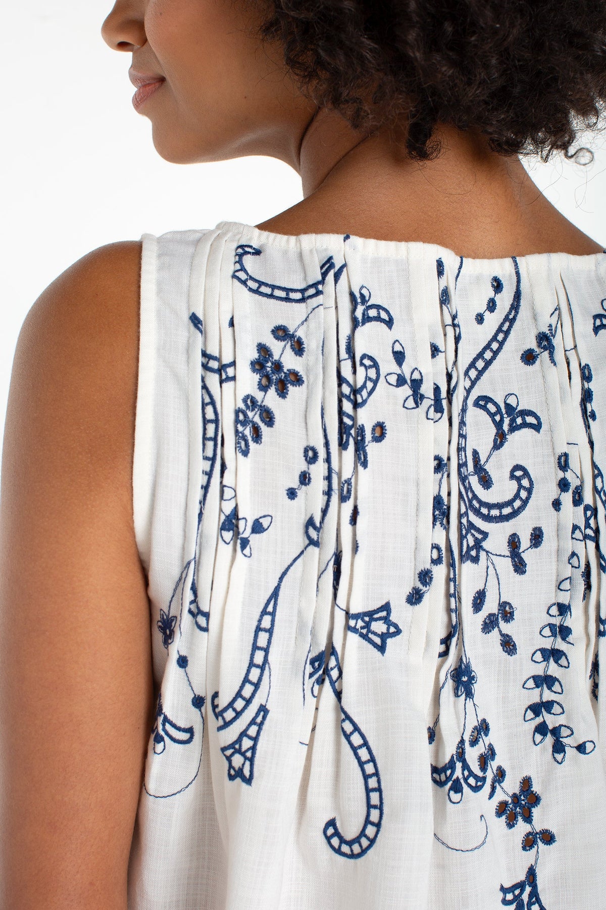 Sleeveless Boat Neck Woven Top with Pin Tucks | Cream