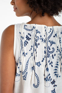 Sleeveless Boat Neck Woven Top with Pin Tucks | Cream