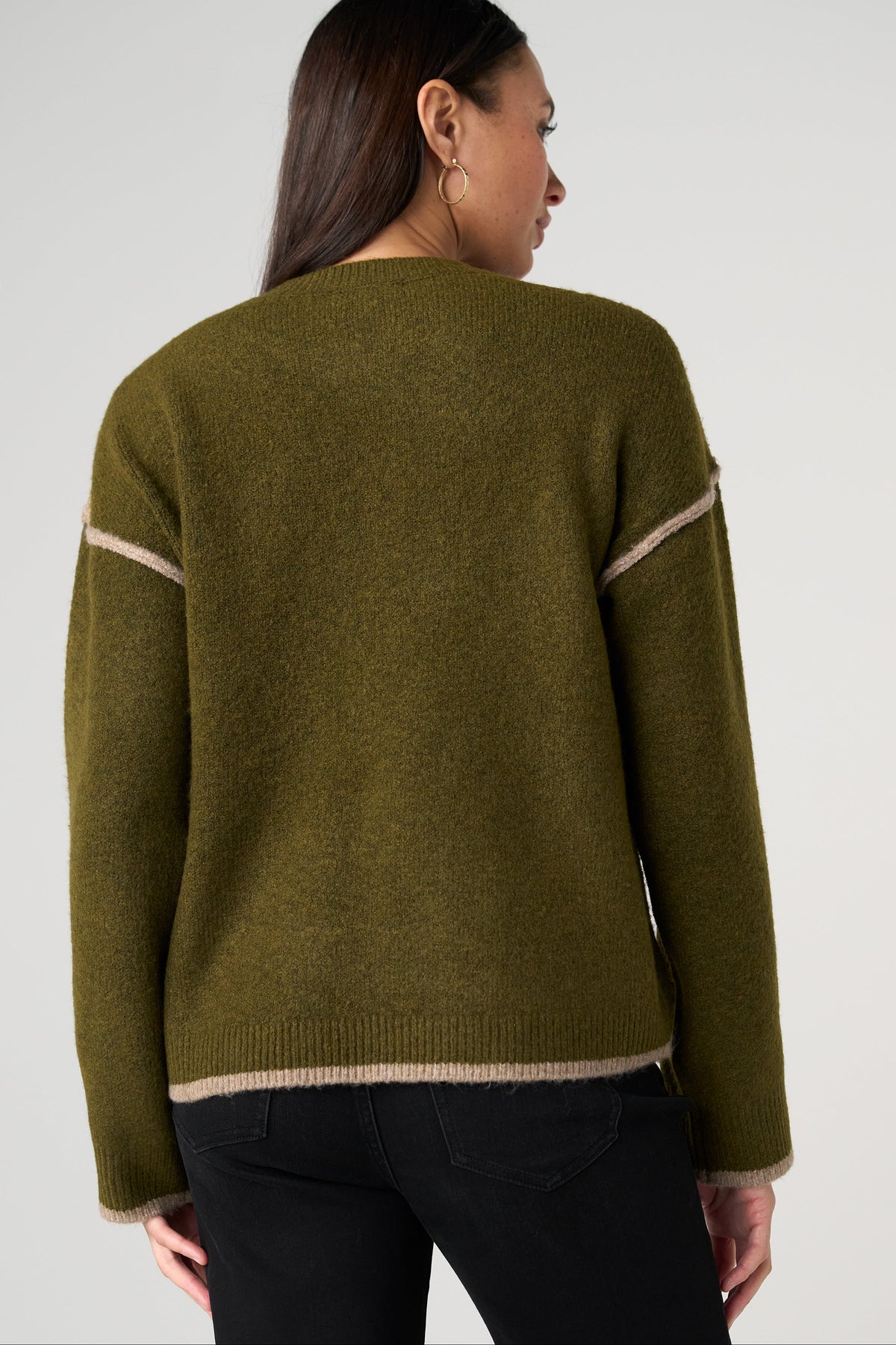 Long Sleeve Crewneck Sweater with Tulip Hem | Olive/Mushroom
