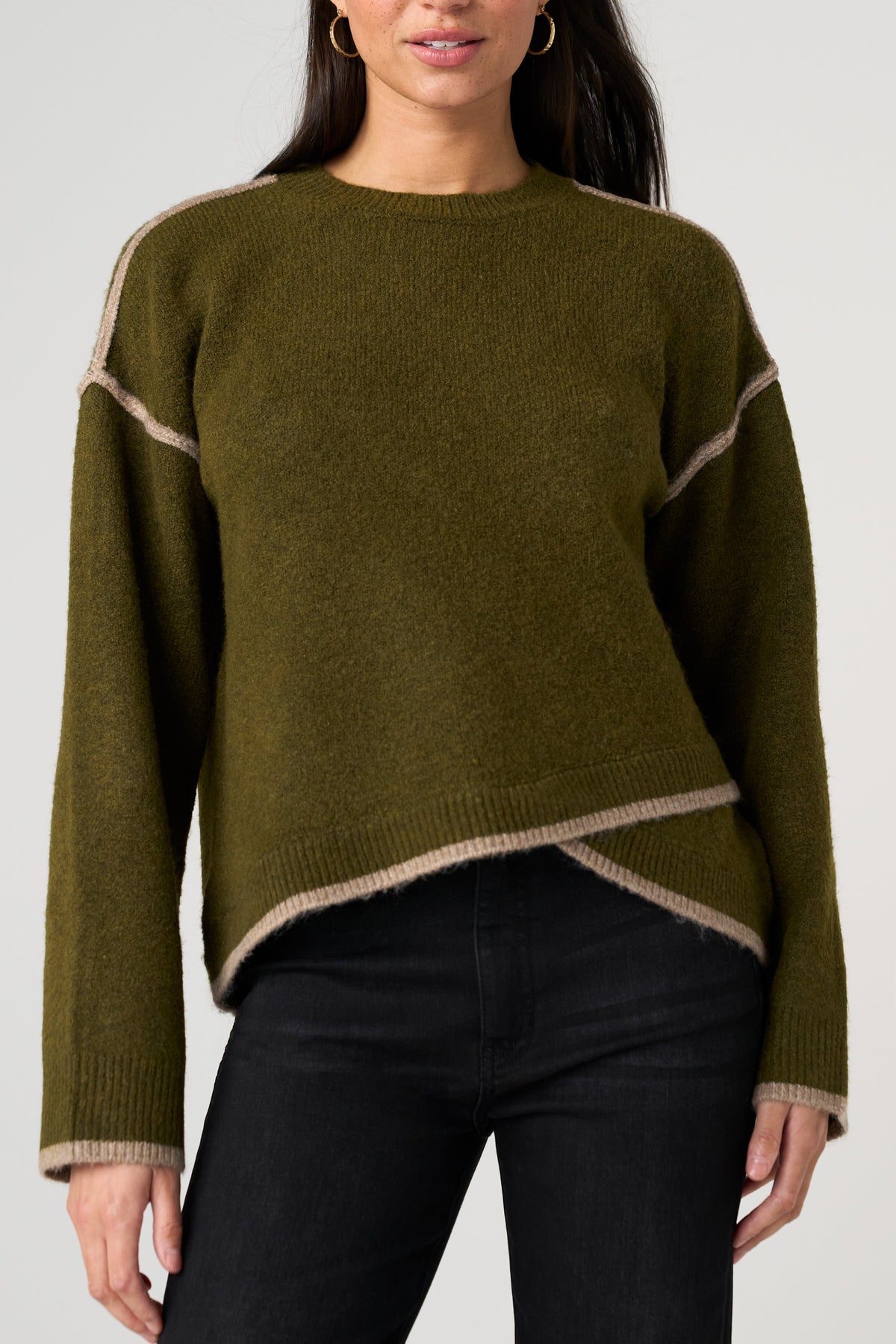Long Sleeve Crewneck Sweater with Tulip Hem | Olive/Mushroom