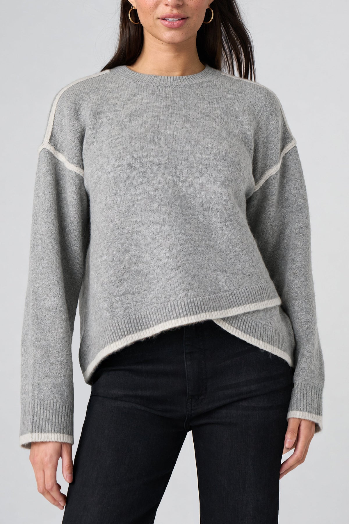 Long Sleeve Crewneck Sweater with Tulip Hem | Light Heather Grey