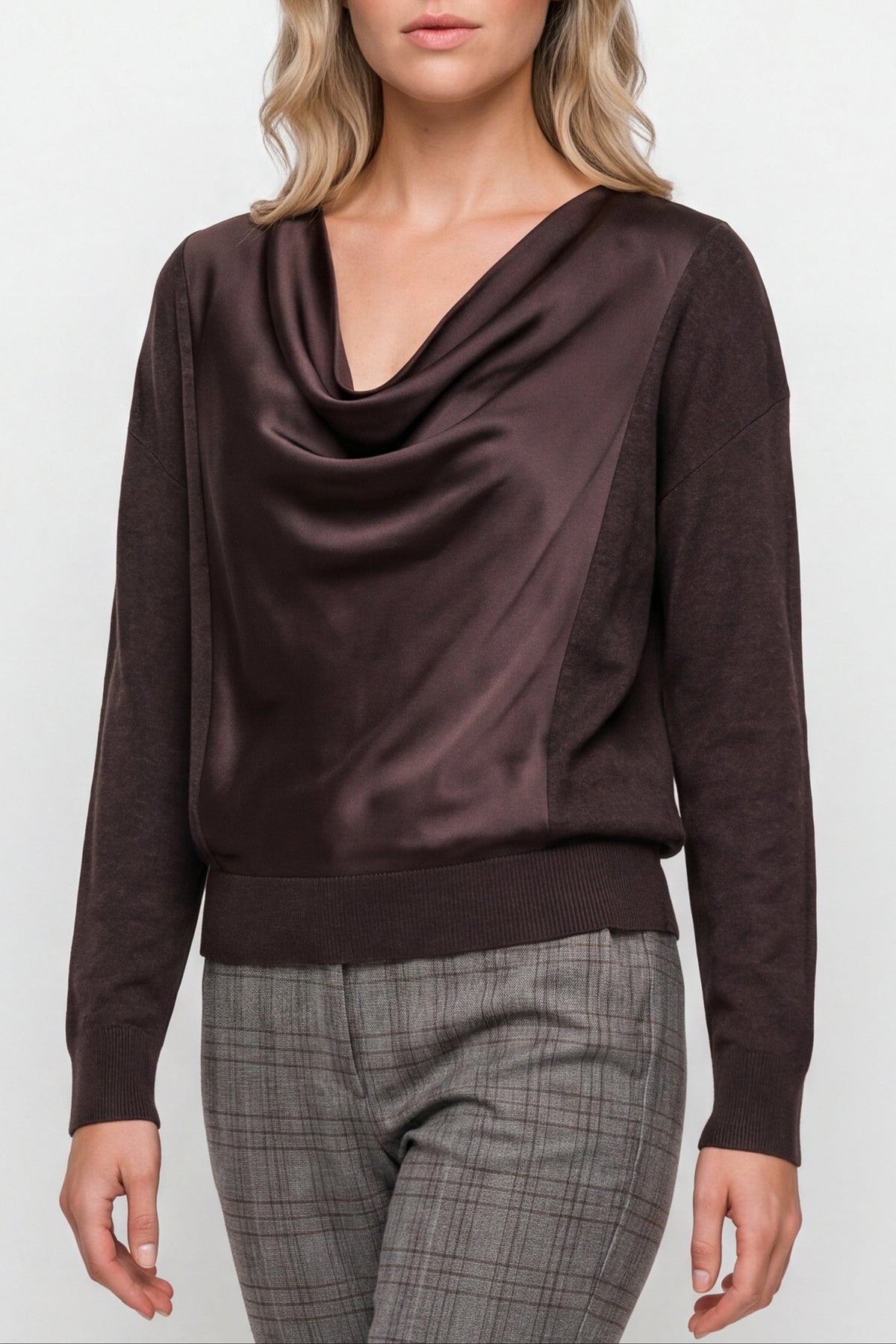 Long-Sleeve Drape Neck Woven Hybrid Sweater