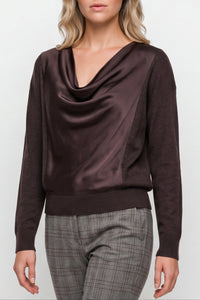 Long-Sleeve Drape Neck Woven Hybrid Sweater