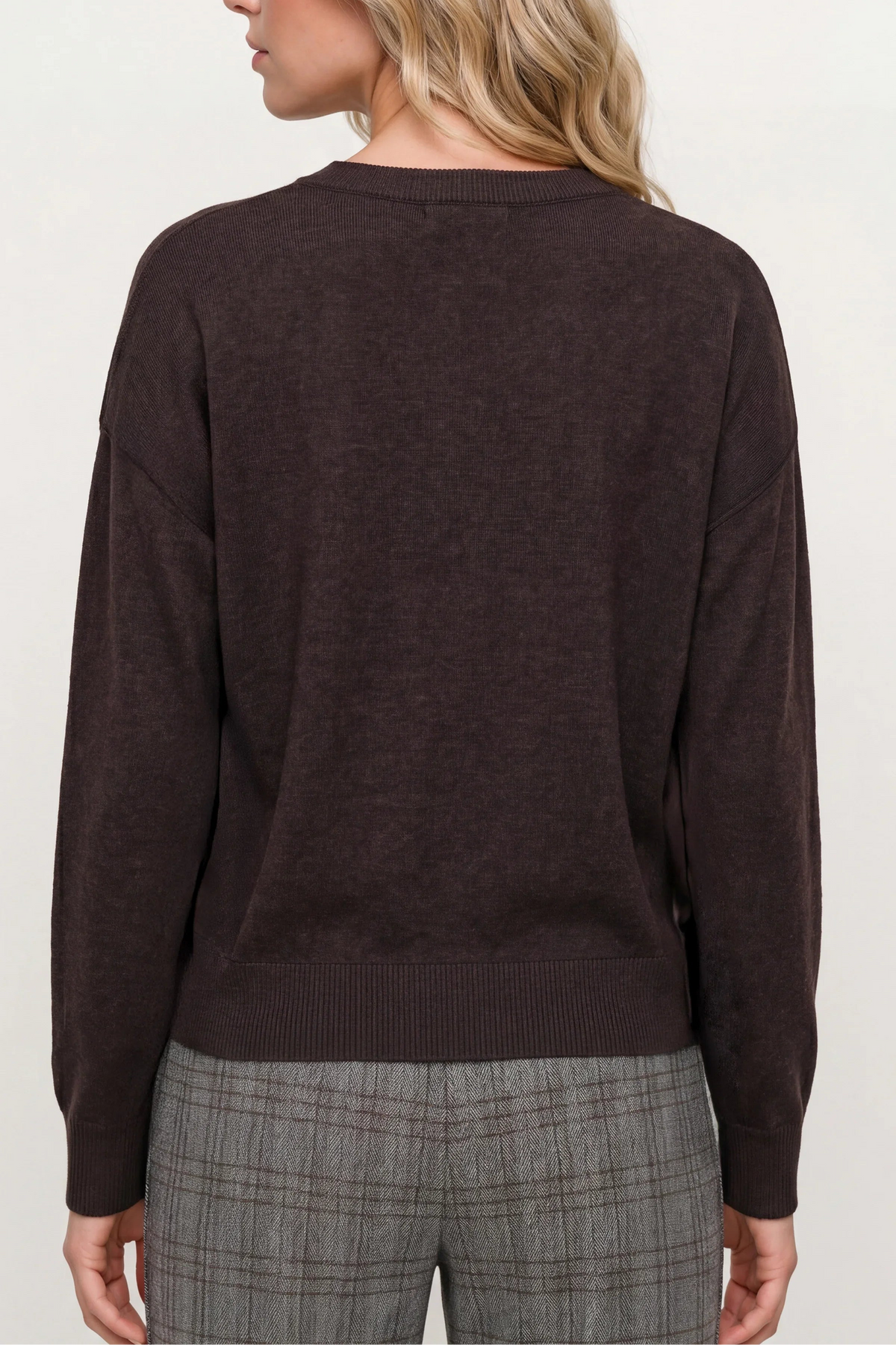 Long-Sleeve Drape Neck Woven Hybrid Sweater