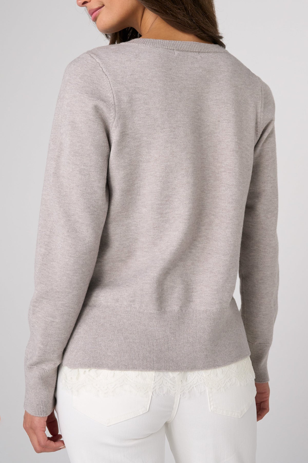 V-Neck Long Sleeve Sweater with Lace | Soft Grey Heather