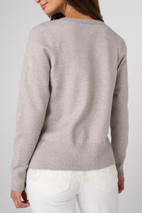 V-Neck Long Sleeve Sweater with Lace | Soft Grey Heather