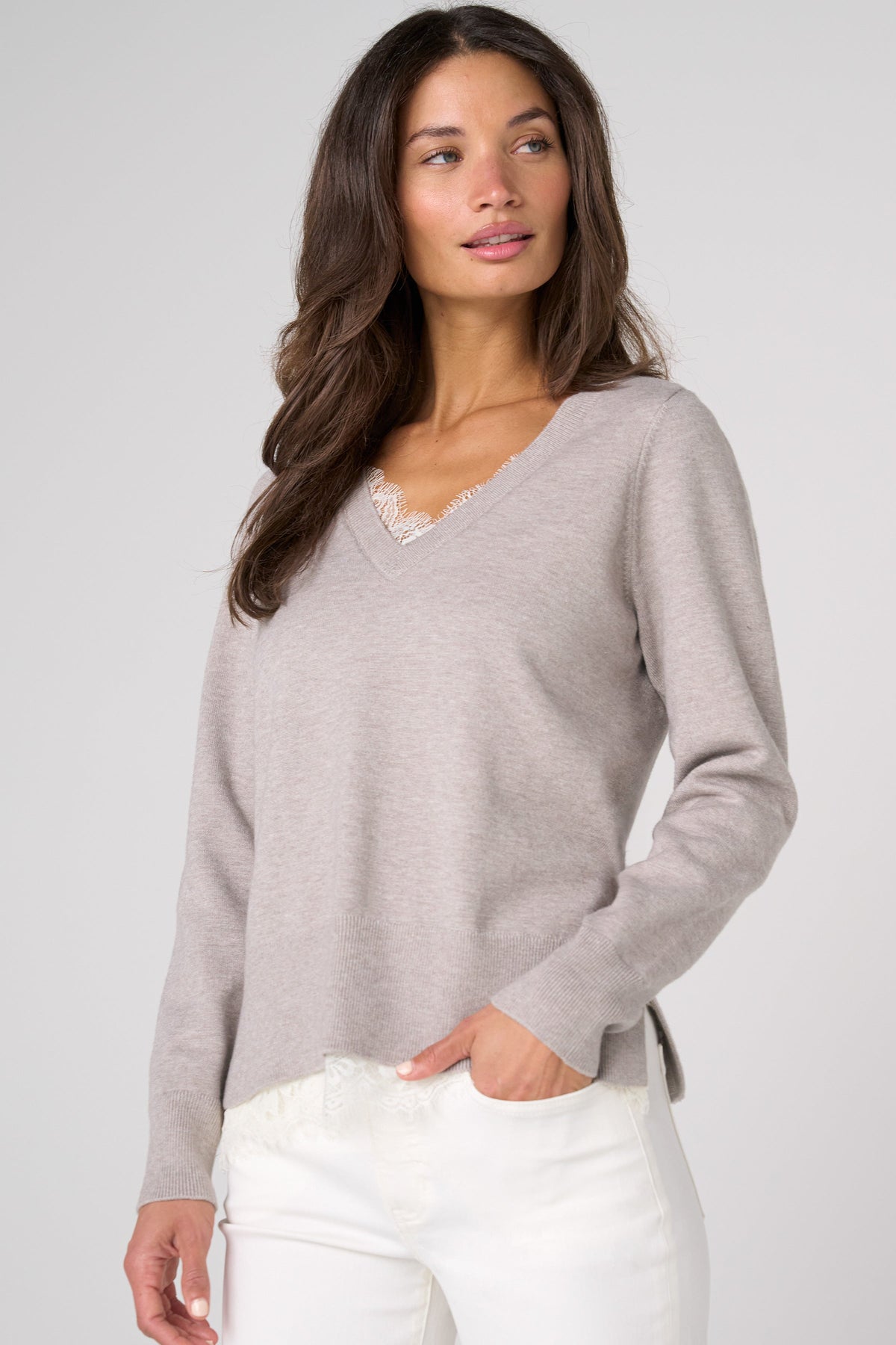 V-Neck Long Sleeve Sweater with Lace | Soft Grey Heather