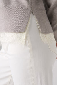 V-Neck Long Sleeve Sweater with Lace | Soft Grey Heather