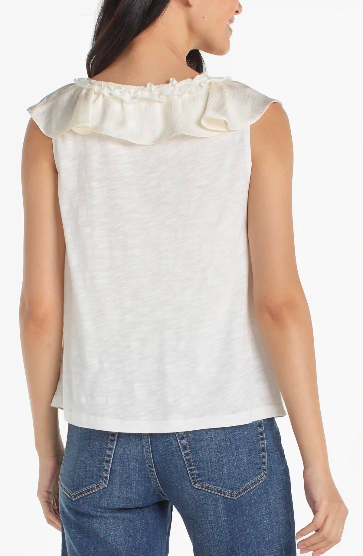 Ruffle Front Sleeveless Woven Knit Top | Whipped Cream, Lime Crema