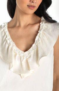 Ruffle Front Sleeveless Woven Knit Top | Whipped Cream, Lime Crema