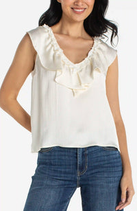 Ruffle Front Sleeveless Woven Knit Top | Whipped Cream, Lime Crema