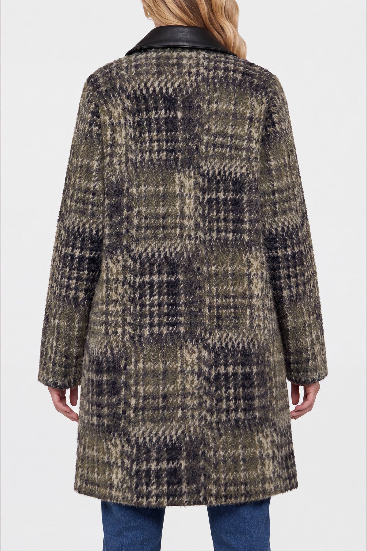 Long-Sleeve Snap Front Sweater Coat | Olive/Black Plaid