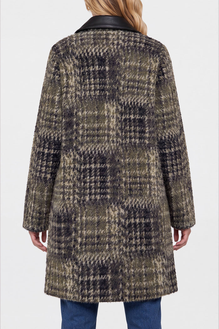 Long-Sleeve Snap Front Sweater Coat | Olive/Black Plaid