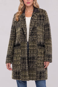 Long-Sleeve Snap Front Sweater Coat | Olive/Black Plaid