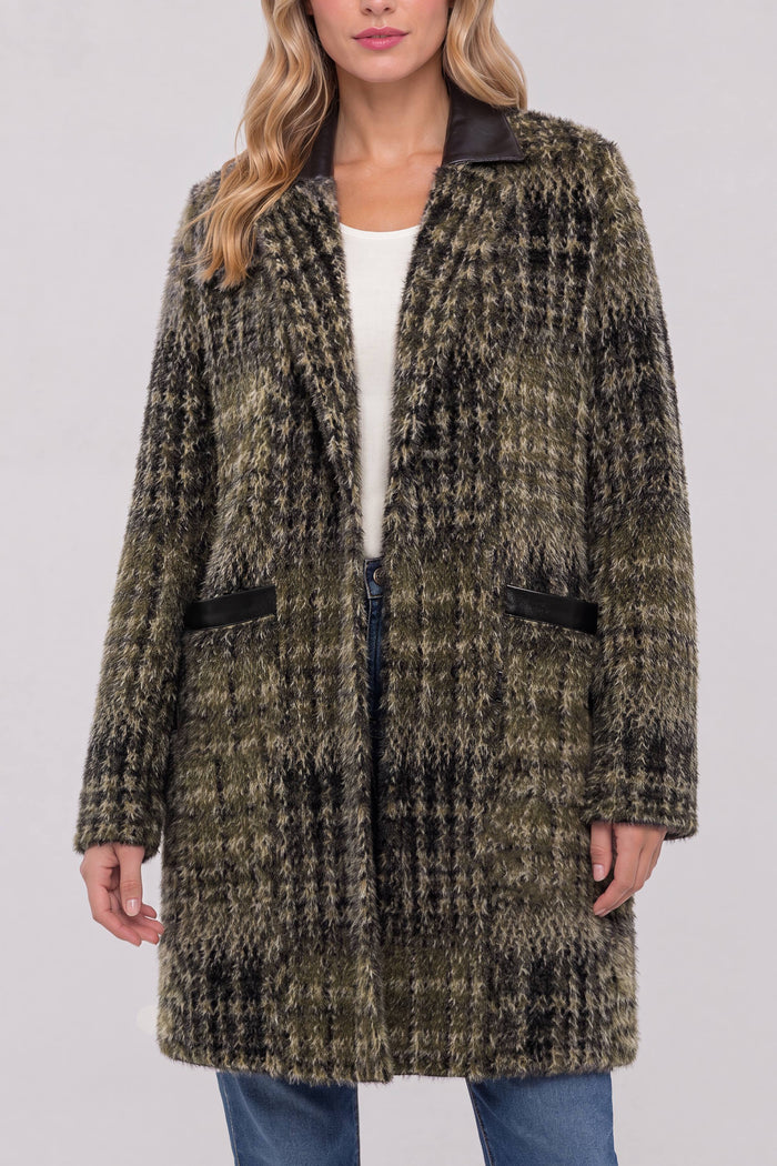 Long-Sleeve Snap Front Sweater Coat | Olive/Black Plaid